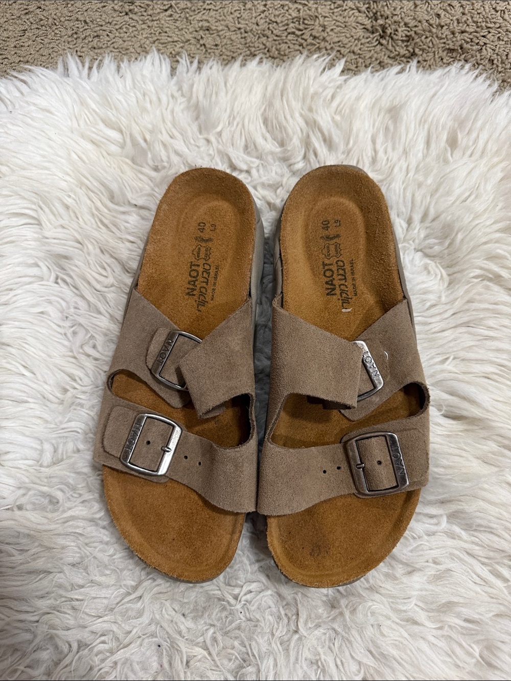 Naot Santa Barbara Double Buckle Slip On Leather Slide Sandals in
Sand Stone 40